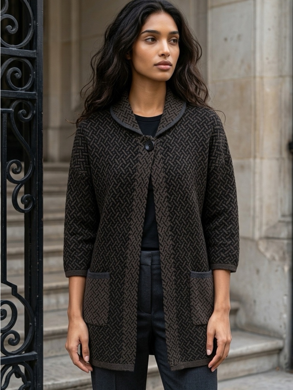 Chiaramente Italian 70% Wool Black Brown Quiet Luxury Classic Sweater Cardigan-M